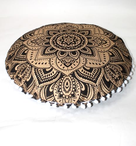 Round Mandala Floor Pillow Cover Seating Cushion Throw Cover Hippie Decorative Bohemian Ottoman Pouf Cover, Pom Pom Pillow Cases,Boho Indian 32 Inches Matellic Gold Flower - color: Metallic Gold, size: 32" Round