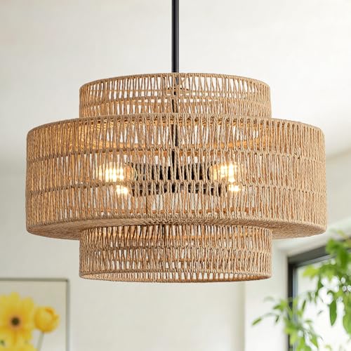 4-Light Boho Rattan Chandelier for Dining Room Light Fixture, 17.7” Black Rustic Pendant Light Farmhouse Hand Woven Wicker Light Fixture for Kitchen Island, Living Room, Bedroom - color: Brown+Black Hardware, size: 17.7" 4-Light