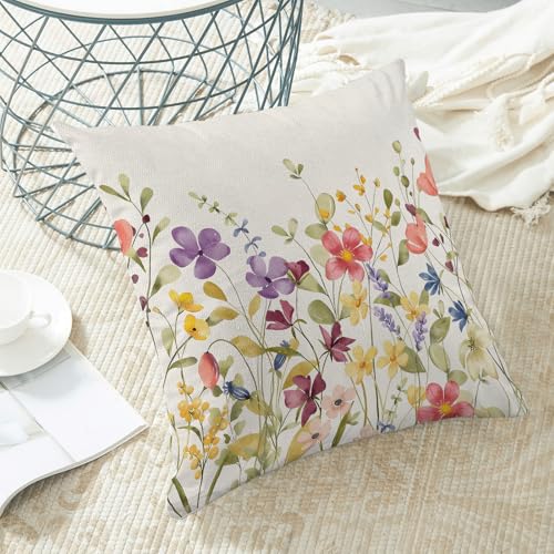 AEIOAE Spring Pillow Covers 16x16 Inch Set of 2, Colorful Wild Flower Leaves Plant Throw Pillows Case,Seasonal Floral Outdoor Decorative Farmhouse Decor Cushion Covers for Home Sofa Bed Couch - color: Colorful Wild Flowers, size: 16" x 16" (Pack of 2)