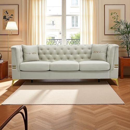 KEIKI 82" Oversized Luxury Velvet Chesterfield Sofa with 2 Pillows, Deep Button Tufted Backrest, Modern Style Gold Metal Accents 3-Seater Couch, Easy Assembly, for Living Room, Apartment, Cream White - color: Cream White, size: 82"