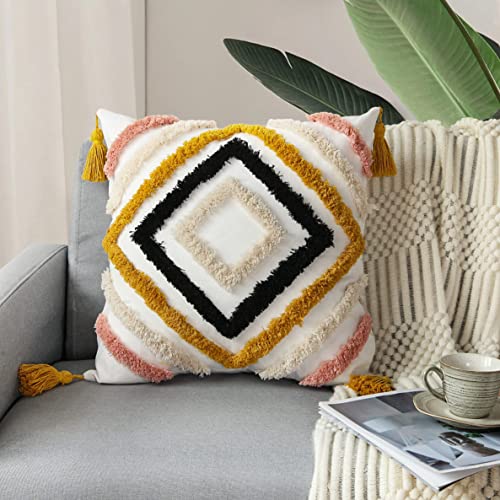 JASEN Boho Throw Pillow Covers, Woven Tufted Decorative Pillow Covers with Tassel Diamond Pattern Pillow Covers for Couch Sofa Bedroom Living Room No Pillow Insert, (Yellow, 18 x 18-Inch) - color: Yellow, size: 18" x 18" (Pack of 1)