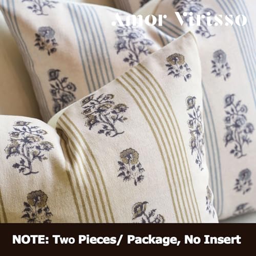 Amor Virisso Floral Throw Pillow Covers 20x20 Set of 2 Block Print Pillow Covers Neutral Floral Striped Farmhouse Decorative Pillow Covers for Sofa Couch Bed, Yellow - color: Yellow, size: 20" x 20" (Pack of 2)