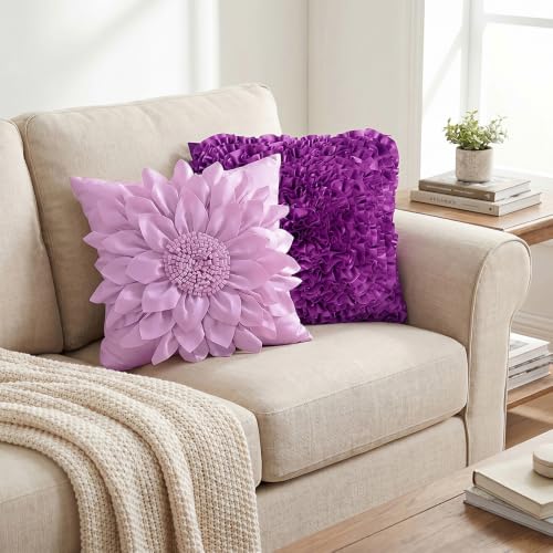 Bella's Giftshop 3D Sunflower Decorative Throw Pillow Covers for Bed Sofa Couch Chair, Accent Floral Taffeta Cushion Cover, Handmade Pillow Cases Living Room Decor, 17x17 Inch-Purple/Lavender - color: Purple