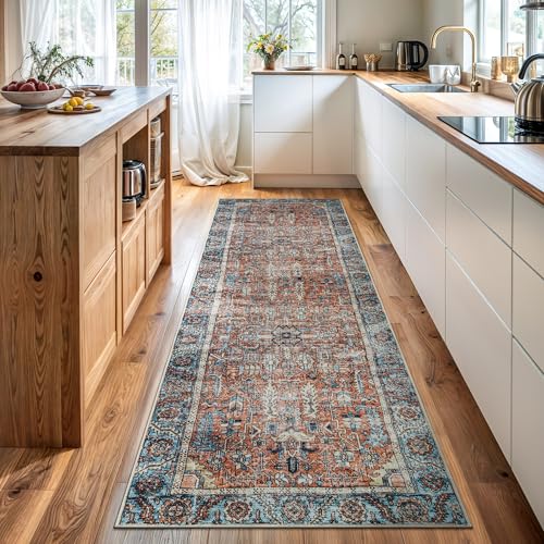 Bloom Rugs Washable Non-Slip 12 ft Runner - Orange/Blue Traditional Runner for Entryway, Hallway, Bathroom, and Kitchen - Exact Size: 2.5' x 12' - color: Orange / Blue, size: 2'6" x 12' (Runner)