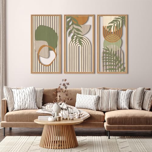 IARTTOP Large Boho Mid-century Modern Wood Wall Art 16x32 Inch Framed Green Abstract Leaf Wooden Wall Decor Bohemian Minimalist Geometric Wall Art Decor for Bedroom Living Room Office Set of 3 - color: Green Framed Boho, size: 16 x 32 inches
