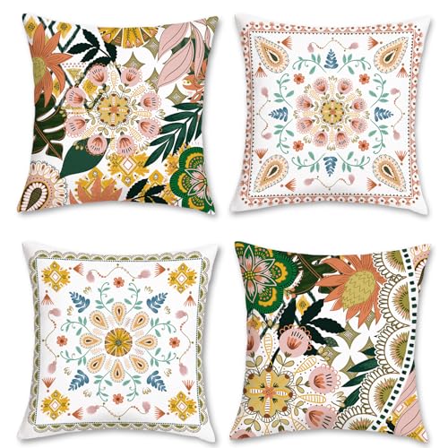 Bonhause Boho Pillow Covers 18x18 Set of 4 Outdoor Bohemian Mandala Decorative Throw Pillow Cases Soft Velvet Pillows for Garden Patio Sofa Couch Car Bedroom Home Decor - color: Orange, size: 18" x 18" (Pack of 4)