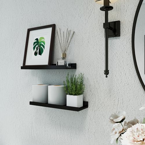 Black Floating Shelves for Wall Decor, Wall Mounted Wood Storage Shelf for Bedroom, Living Room, Bathroom, Kitchen, Nursery, Display Picture Ledge Shelf with Lip Set of 2-14 Inches, Black - color: Black, size: 13.6in