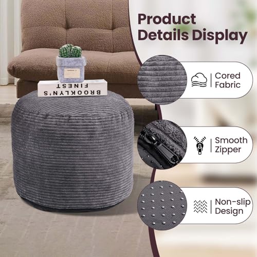 Round Pouf Ottoman Foot Rest with Foam Chunk Filling, Corduroy Ottomans for Living Room Floor Poufs (20"x15",Dark Grey) - color: A-dark Grey, size: 20"D x 20"W x 15"H