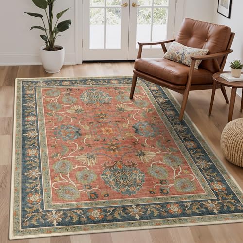 Bavni Floral Area Rugs 5x7, Vintage Distressed Living Room Rug, Accent Washable Rug Stain Resistant Non Slip, Low Pile Thin Soft Coral Blue Throw Carpet for Bedroom, Dining Room, Home Office, Nursery - color: Coral Blue, size: 5' x 7' (Rectangular)