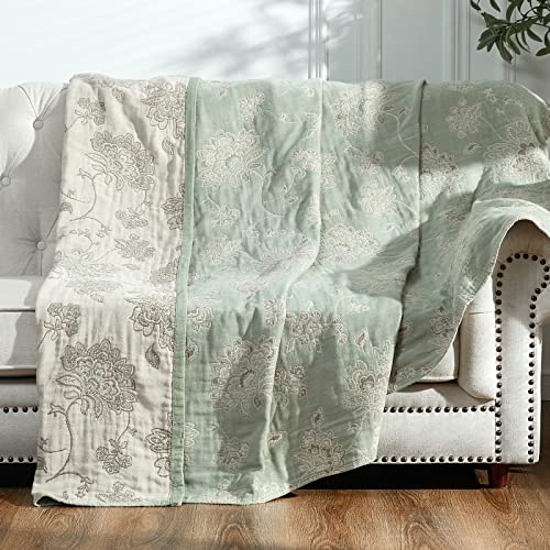 jinchan Boho 100% Cotton Muslin Twin Size 60x80 Inches Blanket Lightweight 4-Layer Quilted Soft Green and Beige Floral Throw Blanket Reversible Comfy Flower Breathable All Seasons Couch Bedroom Decor - color: Floral Green Beige, size: 60"x80"