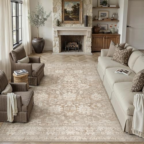 HUGEAR 8x10 Area Rug Beige Machine Washable Rug Room Decor Vintage Distressed Living Room Rugs Non Slip Low Pile Soft Carpet for Bedroom Dining Room Office Soft Lightweight - color: A| Beige, size: 8' x 10' (Rectangular)