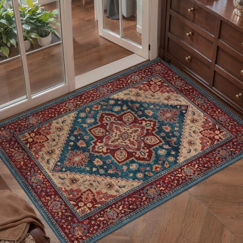 Tangsoo Vintage Small 2x3 Washable Rugs for Entryway Non-Slip Oriental Low Pile Rug for Front Door, Kitchen, Indoor, Accent Throw Small Area Rug, Door Mat for Entrance, Soft Boho Red Rug - color: Red/Blue, size: 2' X 3' (Rectangular)