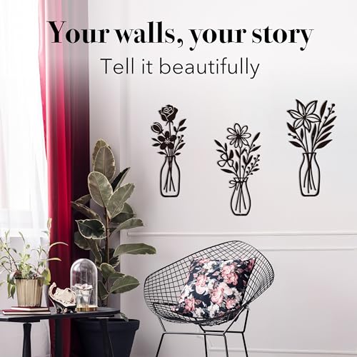 CarryWise 3 Piece Metal Flower Wall Art for Bedroom Living Room Rustic Farmhouse Floral Wall Decor for Bathroom Dining Room Boho Home Decorations Modern Minimalism Walls Hanging Sculptures(Black) - color: Black & Vase Flower