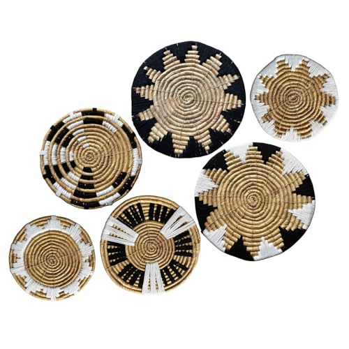 Laquedecraft Boho Wicker Rattan Plate Basket Set For Décor Hanging Wall | Large Woven Farmhouse Rustic Bohemian Art Baket Hangings For Decorative Home, Bedroom, Living Room, Kitchen, Bathroom (Art Deco, Natural, Set of 6) - size: Set of 6, style: Art Deco