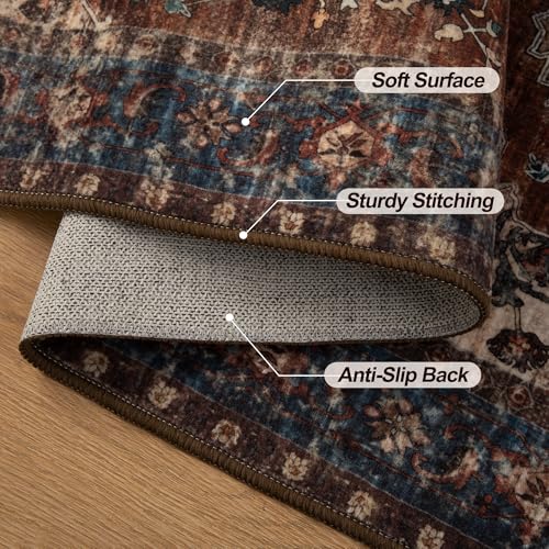 Tangsoo 2x5 Washable Runner Rug for Hallways, Non Slip Vintage Runner Rug, Soft Low Pile Long Rug Runner, Print Distressed Carpet Runners for Kitchen Bedroom Entryway Bathroom Living Room Rust - color: Rust/Blue, size: 2' X 5' (Runner)