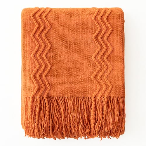 MIULEE Burnt Orange Knitted Throw Blanket for Couch Boho Textured Cozy Woven Blanket with Tassels for Sofa Chair Bed Living Room Fall Home Decor Farmhouse Acrylic Wave Pattern 50"x60" - color: Burnt Orange, size: 50" x 60"