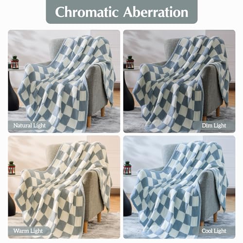 WRENSONGE Checkered Throw Blanket, Grey Blue Soft Cozy Fluffy Warm Hand Made Throw Blankets for Couch, Sofa, Chair, Bed, Camping, Picnic, Travel Lightweight Bed Blanket - 60"*80" - color: Arctic Blue, size: Twin(60"x80")