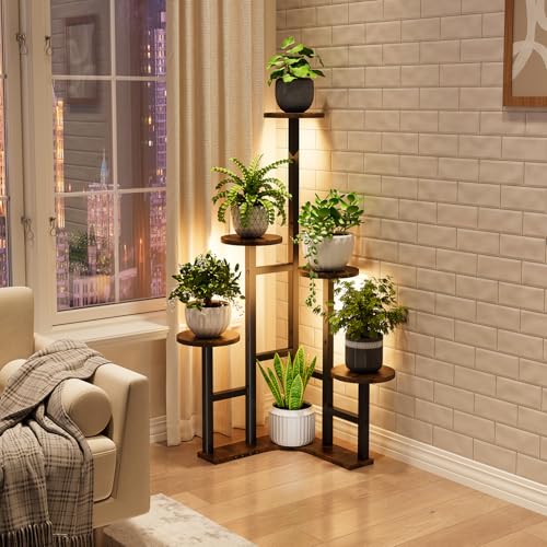 Yzosvki Corner Plant Stand Indoor with Grow Lights, 6 Tiered Corner Plant Shelf Flower Stand for Multiple Plants, Plant Shelves Organizer Rack for Living Room, Balcony, Patio, Round Rustic Brown - color: Round-Rustic Brown(with Lights), size: 6 Tier