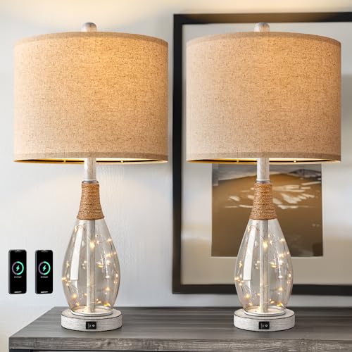 OYEARS 23" Table Lamps for Living Room Set of 2 Bedside Lamps for Night Stands Bedroom Lamps Farmhouse Rattan Boho Lamp Glass Nightlight End Table Lamp with USB C+A (White),Two Light Points - color: Washed White