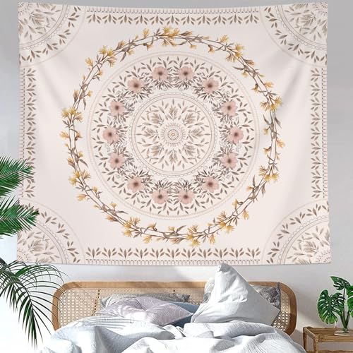 Lifeel White Pink Bohemian Tapestry Wall Hanging, Mandala Floral Medallion Hippie Tapestry with Light Brown Aesthetic Wreath Design, Cream Wall Decor Blanket for Bedroom Home Dorm, Small 50×60 inches - color: White Pink, size: 60"L x 50"W