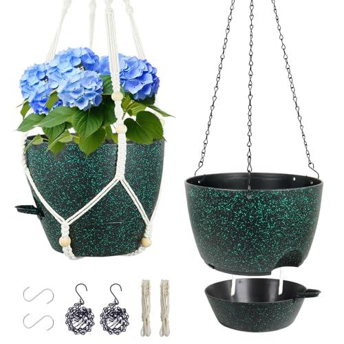 Meowell 10 inch Self Watering Hanging Planters, 2 Pack Hanging Flower Pots for Indoor Outdoor Plants, Hanging Baskets with Drainage Holes & 2 Kinds of Plant Hangers for Home Decor, Speckled Black - color: Black With Green Speckles