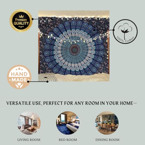 Bless International Handmade Indian hippie Bohemian Psychedelic Peacock Mandala Wall hanging College Dorm Beach Throws Table Cloth Bedding Tapestry (Blue Green, King(88x104Inches)(225x265Cms)) - color: Blue Green, size: 104"L x 88"W