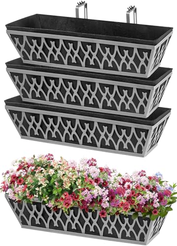 4 Pack 24 Inch Window Boxes Planters Railing Planter Box with Adjustable Brackets & Non-Woven Fabric Plant Grow Bags Deck Railing Planter Boxes Balcony Hanging Flower Box for Outdoor Plants - color: 4 Pack-grey, size: 24 Inch