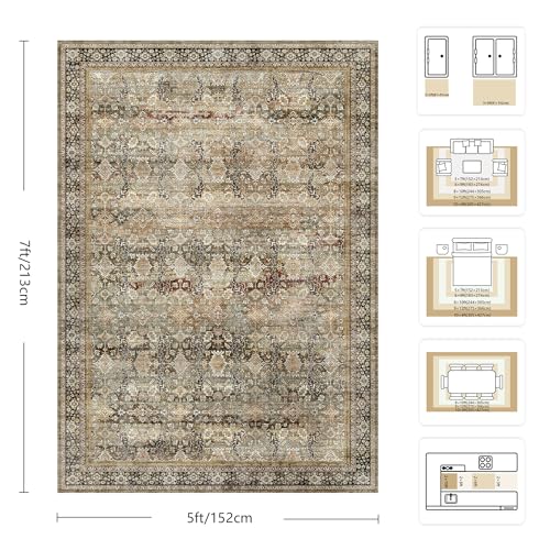 5x7 Area Rugs - Washable Vintage Retro Living Room Rug, Soft Ultra Thin Non Slip Low Pile Traditional Distressed Boho Carpet for Bedroom Dining Room Nursery Home Office, Charcoal Olive - color: B-charcoal / Olive, size: 5x7