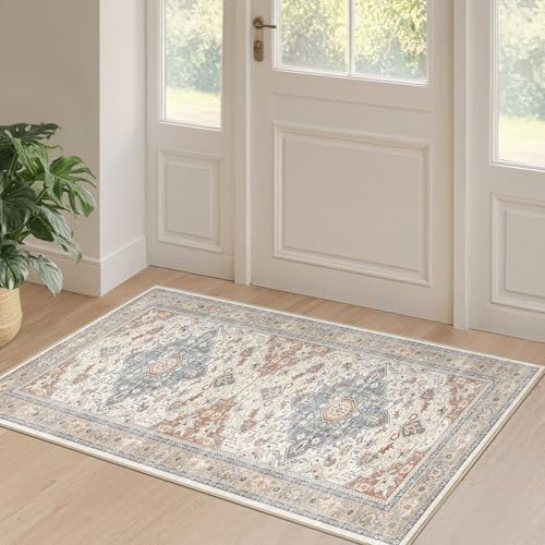 2x4 Rug Washable Runner Rug: Small Vintage Neutral Non-Slip Soft Accent Doormat Stain Resistant Floor Throw Mat for Entryway Kitchen Bedroom Nursery Entry Dorm- Beige Blue - color: Beige Blue, size: 2' x 4' (Runner)
