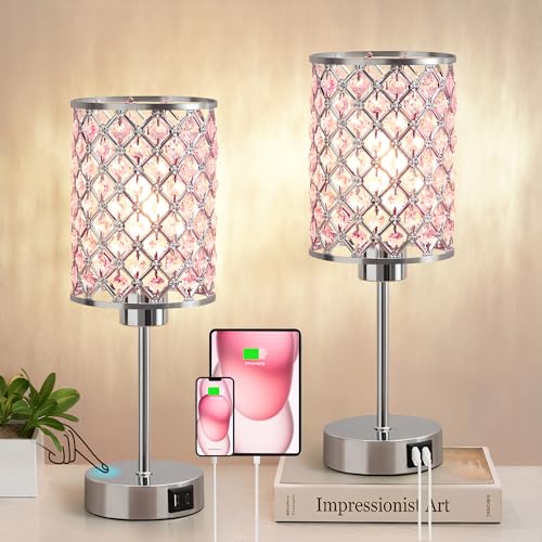 GyroVu Pink Crystal Table Lamp, Touch Control Bedside Lamps with USB-C+A Charging Ports, Dimmable Nightstand Small Desk Lamp Set of 2 for Girl Bedroom, Living Room, Office(Buld Included) - color: Pink-2, size: 14.75"