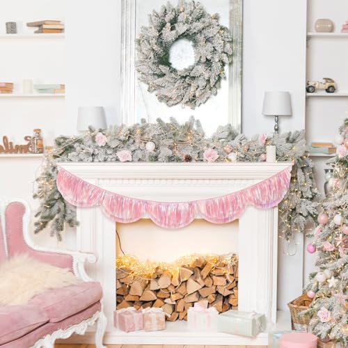 FYSUIMU 6.6 Ft Iridescent Pink Scalloped Banner Hanging Layered Sparkly Fringe Garland for Valentine Birthday Wedding Party Backdrop Decor - color: Iridescent Pink