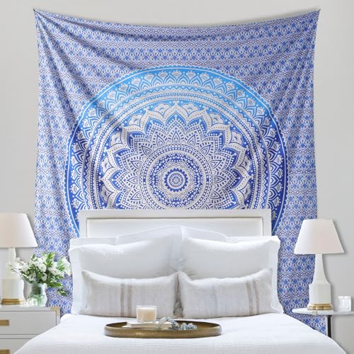 THE ART BOX Aqua Blue Cotton Tapestry Mandala Wall Hanging – Tapestry for Bedroom – Boho Room Decor – Small Aesthetic Tapestry 54x60 Inches - color: Blue and White, size: 54"L x 60"W