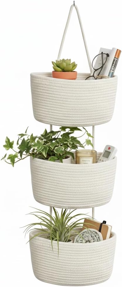 Over the Door Hanging Basket, Decorative Hanging Basket Storage, Organizing, Decorative Boho Decor for Nursery, Bedroom, Living Room with 4 Hooks, Whte