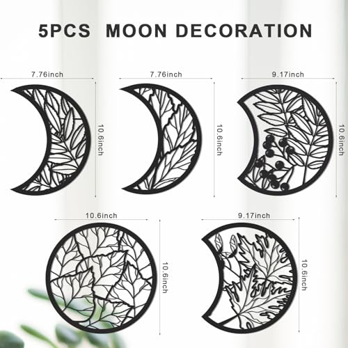 Jetec 5 Pcs Moon Phase Wall Art Decor Wall Pediments Hanging Wooden Phase Spiritual Bedroom Nordic Boho Lunar Aesthetic Art for Living Room Dorm Apartment Ornament(Black,10.6 Inch,Botanical) - color: Black, size: 10.6 Inch
