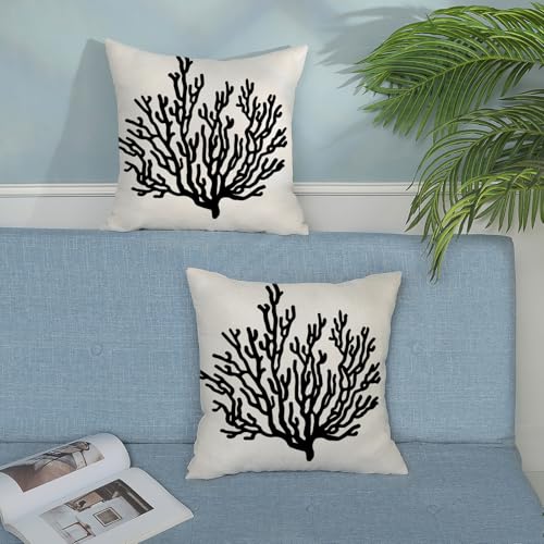 Black Pillow Covers 18x18 Pack of 2 Summer Coastal Coral Decorative Throw Pillow Covers,Outdoor Decoration Nautical Ocean Theme Coral Pillowcase Farmhouse Square Cushion Case for Couch Sofa - color: Coral-black-b2, size: 18" x 18" (Pack of 2)
