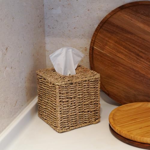 PINXIURY Seagrass Handwoven Wicker Tissue Box Cover, Natural Handmade Napkin Box Holder, Handcrafted Square Facial Tissue Holder for Bathroom, Rustic Decorative on Table and Bathroom,Boho Decorative - color: Seagrass, size: Single
