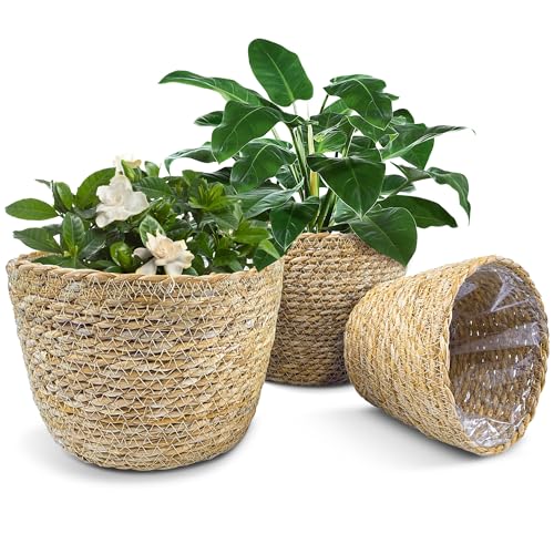 KJET 3PCS Seagrass Planter Basket with Plastic Liner, Boho Woven Plant Pots for Indoor Outdoor, Flower Baskets Containers for Garden and Home Decor