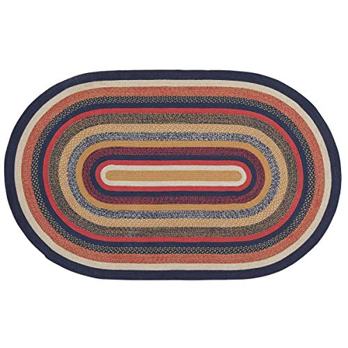VHC Brands Stratton Primitive Jute Blue Striped Accent Rug Decor Oval w/Floor Pad 60"x96" - size: 60x96