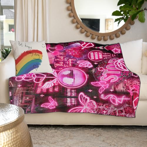 Blacklight Pink Collage Throw Blankets UV Reactive Aesthetic Throw Blanket Glow in the Dark Under Black Lights Game Room Decor Soft Throw Gifts 59x51 Inches - color: Bl Pink Collage