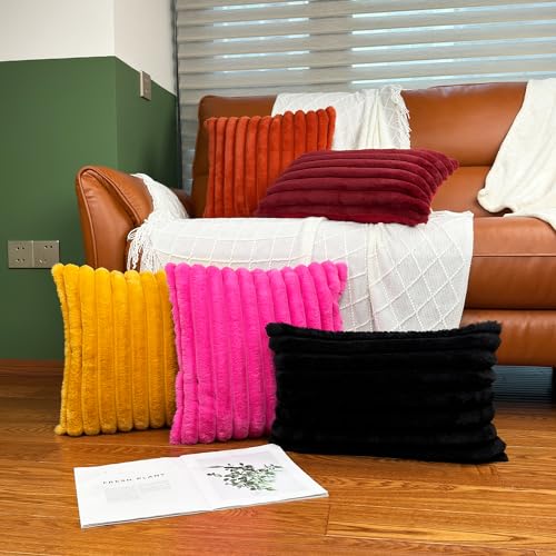 20" x 12" Black Throw Pillow Covers Pack of 2, Soft Fluffy Faux Fur Decorative Pillows for Couch, Bed Cover with Velvet Back for Living Room, Home Décor for Sofa (50cm x 30cm, No Inserts Included) - color: Black, size: 20" x 12" (Pack of 2)