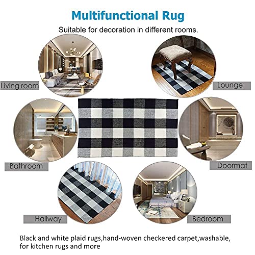 Winwinplus Buffalo Check Area Rug, Plaid Runner Rug Cotton Hand-Woven Machine Washable Checkered Runner Rug, Black and White Floor Rugs for Kitchen/Bathroom/Bedroom, 2 ' x 6 ' - color: Black and White Plaid, size: 23.6'' x 70.9''