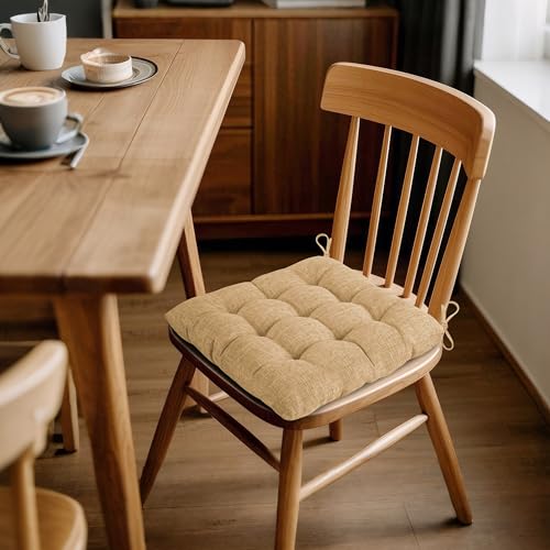 ELFJOY 4 Pack Chair Cushions for Dining Chairs Chair Pads Cushion for Kitchen Office Tufted Textured Square Seat Cushion with Ties (16" Khaki) - color: Khaki