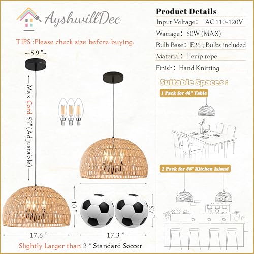17.6 inch Hemp Rope Woven Pendant Light Wicker Pendant Light 3-light Rattan Light Fixture Boho Chandelier Farmhouse Chandelier Dome Pendants Light for Dining Room Bedroom Kitchen(Bulb Incl - color: 17.6" Natural
