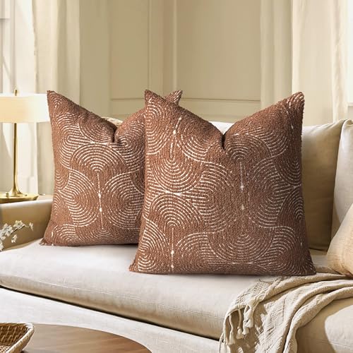 AELS Boho Decorative Textured Throw Pillow Covers 22x22, Modern Mid Century Rainbow Tufted Pillow Case, Farmhouse Rustic Geometric Woven Cushion Case for Bed Couch Sofa, Burnt Orange - color: Burnt Orange, size: 22" x 22" (Pack of 2)