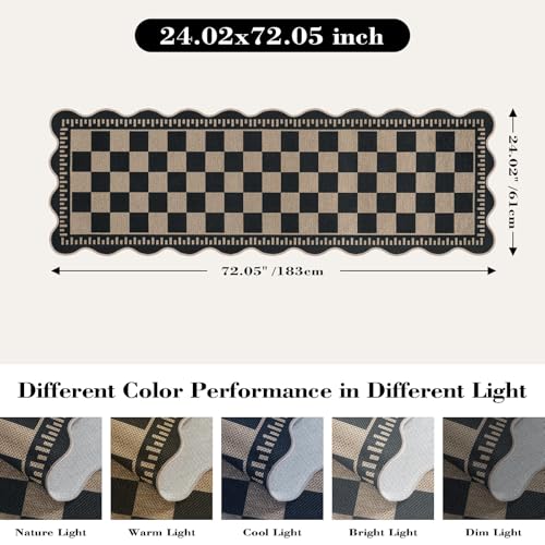 Checkered 2x6 Kitchen Runner Rug, Washable Rugs for Entryway Non Slip Outdoor Indoor Checkerboard Hallway Rug, Farmhouse Scalloped Carpet for Front Door Bedroom Laundry - color: Black Checkered, size: 2'x6' (Runner)