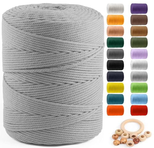 Macrame Cotton Cord 4mm x 547yds, ZUEXT Natural Handmade Light Grey Braided Cords 4 Strands Knitted Rope String for Craft Wall Hanging Weaving Tapestry Dream Catchers Hanger DIY Gift (500m) - color: Light Grey, style: 4mm x 500m