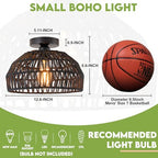Black Rattan Ceiling Light Fixtures Boho Chandelier Small Woven Flush Ceiling Mount Lighting Fixture Close to Ceiling Light for Bedroom Kitchen Entryway Nursery Lights Hallway - color: Black