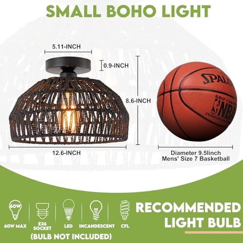 Black Rattan Ceiling Light Fixtures Boho Chandelier Small Woven Flush Ceiling Mount Lighting Fixture Close to Ceiling Light for Bedroom Kitchen Entryway Nursery Lights Hallway - color: Black