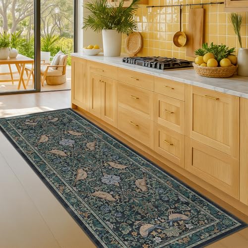 Botanical Bird 2x6 Entryway Rugs Indoor, Machine Washable Runner Rugs for Hallway, Blue and Teal Non Slip Mat for Bathroom, Bedroom Beside Bed, Kitchen, Stain Resistant Forest Green Décor - color: Blue, size: 2' x 6' (Runner)