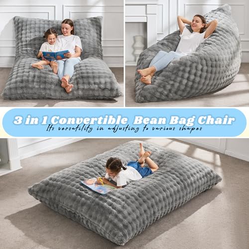 Hobestluk 3 in 1 Bean Bag Chair Giant Bean Bag Chairs for Adults with Bubble Cover Convertible Bean Bag Floor Cushion with Machine Washable Cover for Living Room (Bubble Grey) - color: Ash Grey